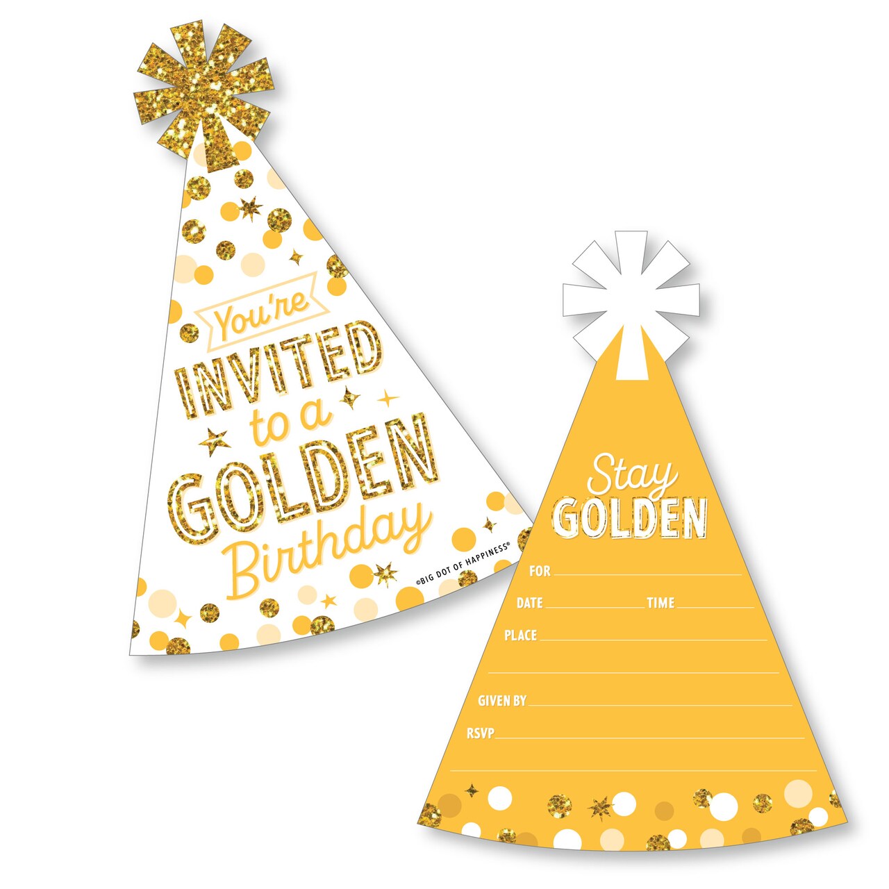 Big Dot of Happiness Golden Birthday - Shaped Fill-In Invitations - Happy Birthday Party Invitation Cards with Envelopes - Set of 12